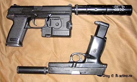 Пистолеты с газовым двигателем. Вверху H&K Mk.23 внизу S&W Sigma40F